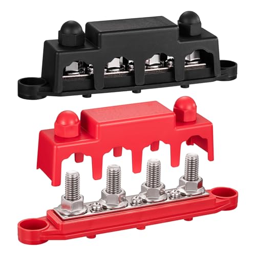 Spurtar Barra Colectora 250A 12V–48V con 4x M10 Pernos y 3x M4#8 Tornillos, Bloque de Distribución de Energía para Coche, Barco, RV – 2 Piezas Rojo y Negro