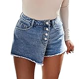Sommer Kurze Hose Mom Jeans Knöpfe Shorts Damen Mittlerer Aufstieg Kurze Hose Strecken Zerrissen Roher Saum Denim Kurze Jeans,Blau,L