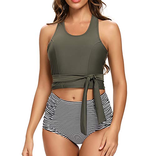 Dixperfect Women's Two Pieces Tankini Swimsuits Cross Back Crop Top with High Waisted Bottom (XXL, Army Green)