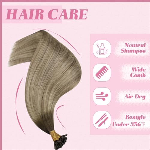 Image of YoungSee I Tip Hair Extensions Ombre Brown, Itip Hair Extensions, Ombre Dark Brown to Light Brown with Blonde, Hair Extensions Real Human Hair I Tip, 20 Inch 50 Strands 50g, for Wedding