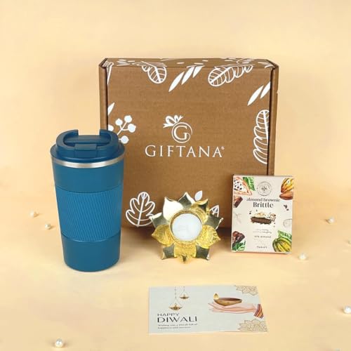 Image of Giftana Diwali Gift Hamper for Employees and Clients, 4 in 1 Coffee Tumbler 510ml, Lotus Diya, 1pcs Brownie, Greeting Card Set, Diwali Gift Set for Family & Friends (Blue)