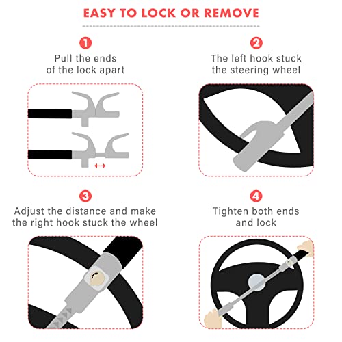 Vaygway Universal Car Steering Wheel Lock –Vehicle Adjustable Anti-Theft Length Clamp Double Hook Retractable Steering Lock Device With Escape Hammer Window Breaker & 3 Keys, For Auto, Truck, Van, Suv #TOP2