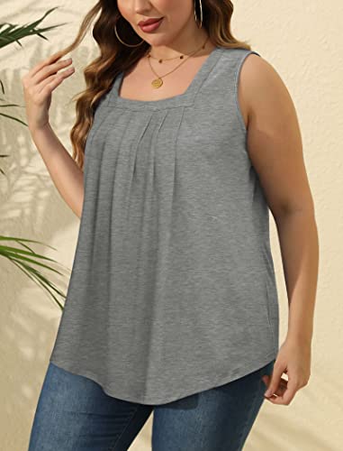 Image of Saloogoe Summer Tank Tops for Women Loose Fit Pleated Square Neck Sleeveless Tops Curved Hem Flowy