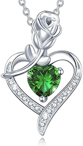FANCIME 925 Sterling Silver Heart Necklace with Rose Birthstone Pendant with Genuine/Created Gemstones Valentine's Day Birthday Present Jewellery Gifts for Women Girls Her - Adjustable Chain:16+2 Inch