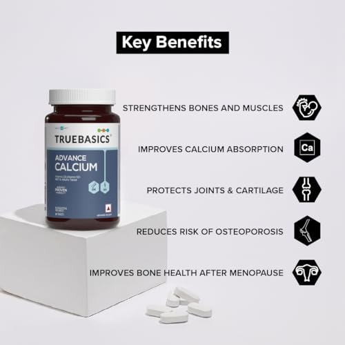 Image of TrueBasics Advance Calcium Tablets for Women and Men, with Vitamin D3, Vitamin K2-MK7, Magnesium, Zinc, Alfalfa, Clinically Researched Ingredients, 90 Calcium Tablets