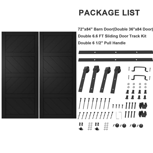 Image of 72 inchx84 inch Black Waved Barn Door with 13.2FT Track Kit & Handle & Floor Guide | Pre-Drill Holes Double Barn Door For Easy Assembly, Solid Core Wood Sliding Barn Door for Water-Resistant & Sound Reduction
