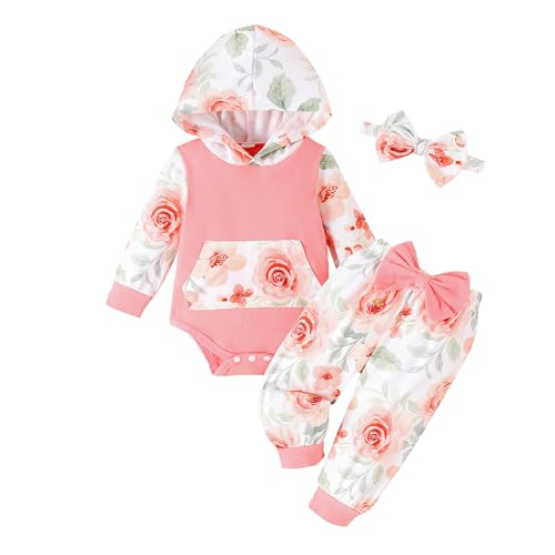 LUNFEGO Newborn Infant Baby Girl Clothes 0-3 Months Outfits Sets Hoodie Romper + Pants + Bow Headband for Girls - Pink