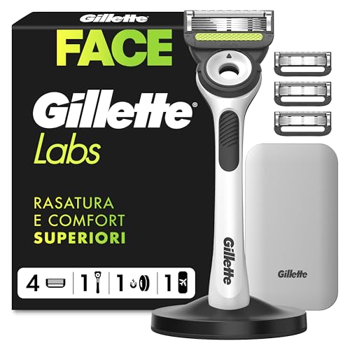 Gillette Labs Rasoio Barba Manuale, con 3 Lamette Gillette da Barba di Ricambio, Base Magnetica e Barra Integrata, Elimina Impurità Pelle, Rasoio a Mano Libera, Custodia da Viaggio,bianco, Idea Regalo