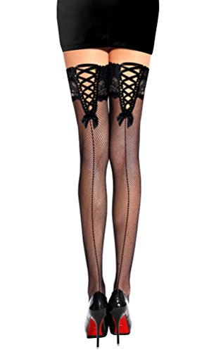 PrettyLoveHose Bas Resille Noir Dentelle Lacet Noir Rouge Noeud Effet Couture Autofixant Silicone, Noir, Taille Unique T1 à T3 (36-38-40)