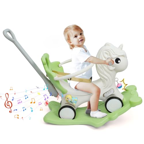 Image of 4 in 1 Rocking Horse for Toddlers 1-3 Years Old, Baby Unicorn Rocking Toy Birthday Gift for Boy and Girl, Ride on Toy with Detachable Balance Board and Footrest，Balance Bike with Push Handle, Green