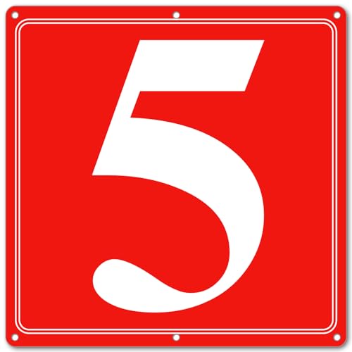 Image of Premium Aluminum Number Signs 5, Metal 12 inch X 12 inch Red Numbered Signs Outdoor for Parking Lots, Floor, Dock, Court, Aisle, Field, High Visibility, No Fade, Weather-resistant