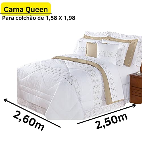 Kit Edredom Damasco Queen 11 Peças - Branco/Bege
