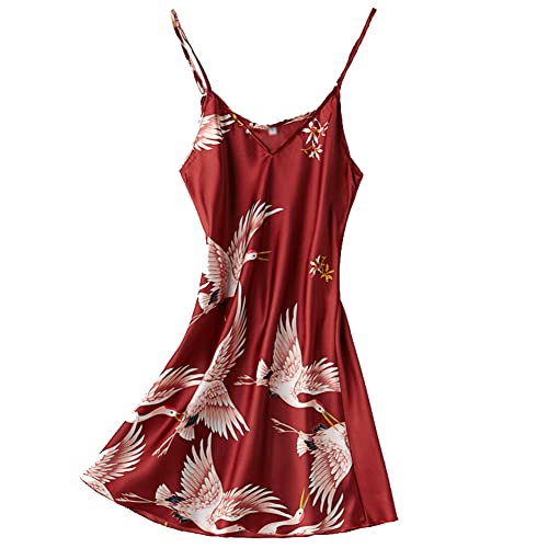 XiinxiGo Dames Robes Élégance Oiseau Motif Kimono Satin Vêtements De Nuit Robe De Chambre Satin Peignoir Chemise De Nuit Style Court Robe De Mariée pour La Mariée,Vin Rouge,XL Cover