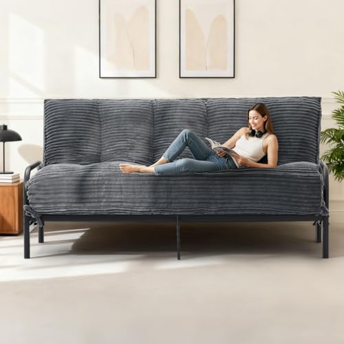 feliz home 10 Futon Mattress Queen Size Futons Sofa Couch Bed with Straps Thick Corduroy Floor Mattress for Adults Roll Up Folding Mattress Shredded Foam Filling Medium Firm (Gray Full)
