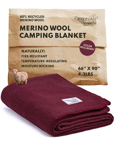 Woolly Mammoth Woolen Company Merino Wool Blanket - Temperature-regulating and Mositure-Wicking - 80% Wool Blanket - for Outdoor Camping, Backpacking and Hunting (66" x 90" Mulberry)
