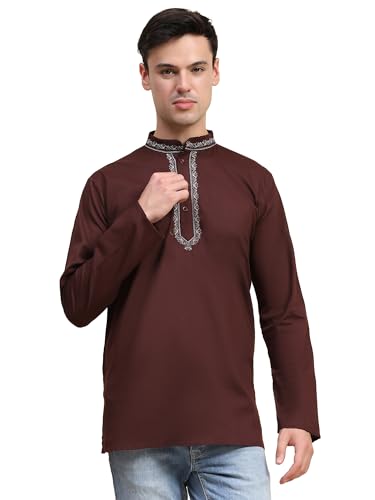 Image of SKAVIJ Men's Cotton Embroidered Kurta Shirt - Long Sleeve Traditional Indian Tunic for Casual