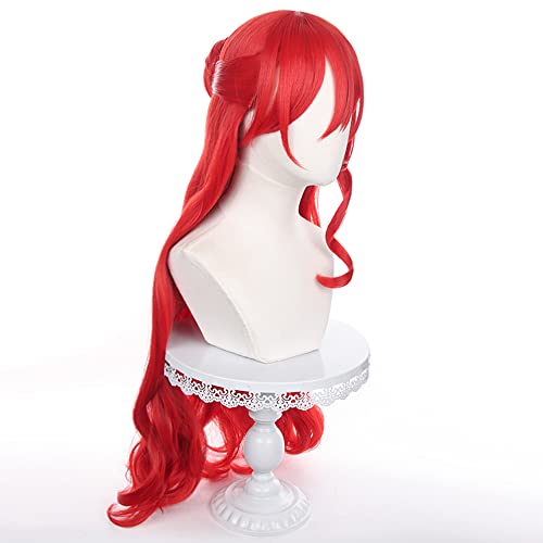 Image of Anime Red Wig with Bangs and Bun Women Long Wave Wig Pre-styled Half Up Half Down wigs Adult COS Game Cosplay Wigs Halloween,Christmas,Comic con,Game Show,Party