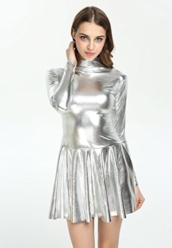 Wolf Unitard Alien Costume Women Shiny Wet Look Mini Dress Cosplay Costume X-Large Silver #TOP1
