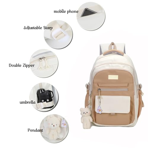 Image of PRLINJSK Girls Backpack for College High Middle School Student, Cute Aesthetic Bookbag for Teens Women with Accessories,Khaki Beige