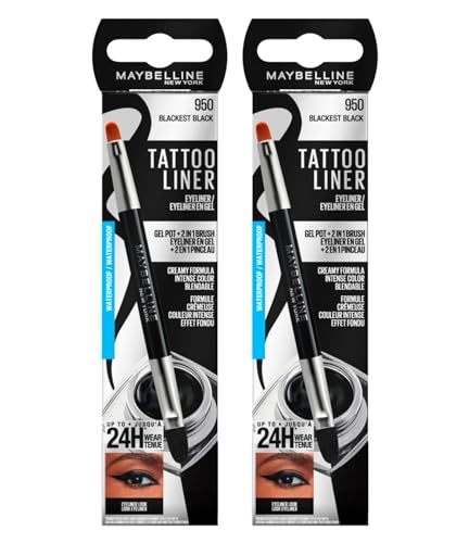 Maybelline New York Tattoo Liner Gel Pot Eyeliner Professioneller Pinsel 2-in-1 24H Halt Waterproof Farbe 950 Blackest Black - 2 Kosmetikartikel