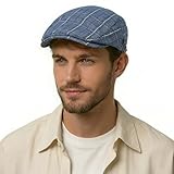 ZLYC Men Cotton Flat Cap Summer Scally Ivy Gatsby Newsboy Beret Driver Cabbie Hunting Hat (Plaid Blue)