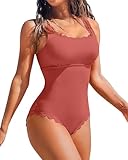 Charmo Ribbed Scalloped 1 Piece Swimsuits Womens Retro Modest Square Neck One Piece Bathing Suit Coral M
