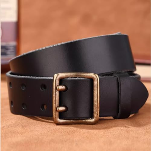 Men's Genuine Leather Casual Belt with Vintage Double Pin Buckle, Country Casual Belt for Jeans Pants, 38Mm Classic Work Dress Belt for Men,Black,105CM/41.3''3