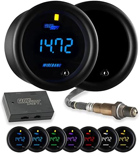 GlowShift Tinted 7 Color Digital Wideband Air / Fuel Ratio AFR Gauge Kit - Includes Oxygen Sensor, Data Logging Output & Weld-in Bung - Smoked Lens - Multi-Color LED Display - 2-1/16" 52mm