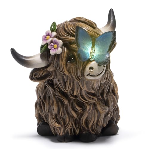 Hodao Highland Cow Figurines Solar Decor for Home, Resin Cow Decorations with Glowing LED Butterfly and Flowers, Outdoor Garden Ornament, Rustic Farmhouse Figurine, Gift for Women and Animal Lovers