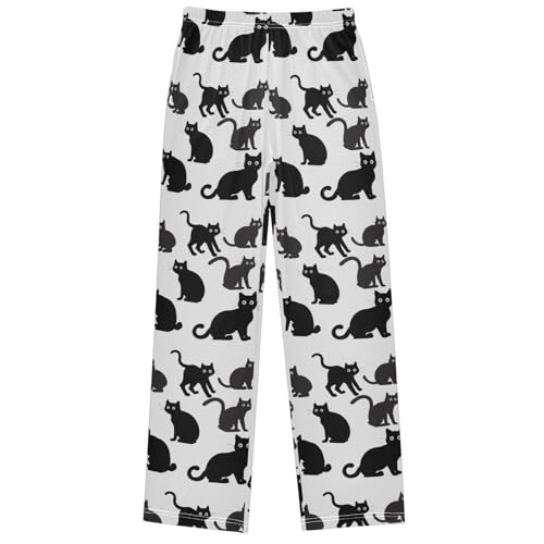 Boy's Pj Pants Black Cats Stare Somewhere Lounge Bottoms Elastic Waist Kids Joggers with Pockets Size 6-14