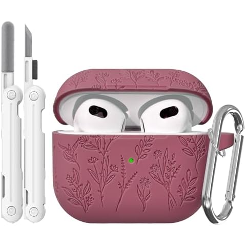 Flower Engraved Case for Apple AirPods 3rd Generation Case 2021, Soft Silicone Protective Case for AirPods 3 Case for Women Airpod Case with Clean Kit,Carabiner,Front LED Visible,Scarlet Cover
