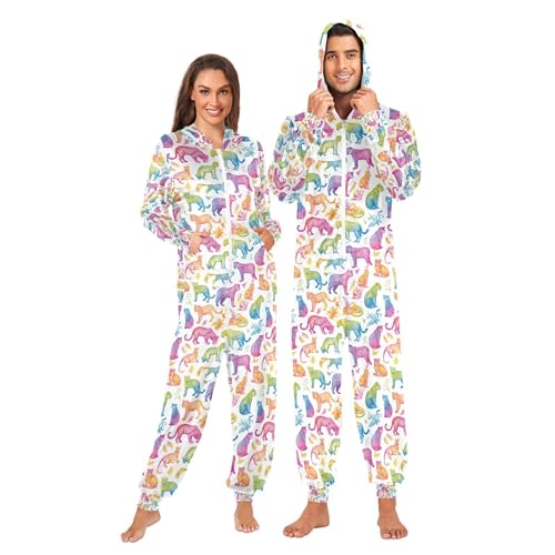 Wudan Pijama enterizo para adultos con capucha, ropa de dormir para el hogar, ropa de dormir con estampado de leopardo arcoíris y acuarela, Estampado de leopardo arcoíris en acuarela, XL