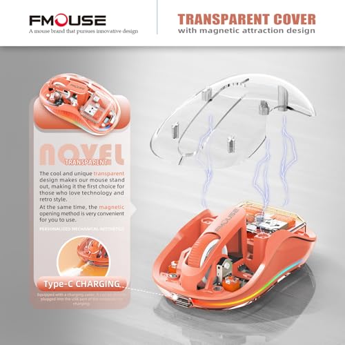 FMOUSE Transparent Wireless Mouse, Tri-Mode Bluetooth 5.1 & 2.4GHz, USB-A & USB-C Receiver, Silent Rechargeable RGB, 3 Devices for MacBook Laptop iPad PC, Creative Energetic — Orange - Image 3