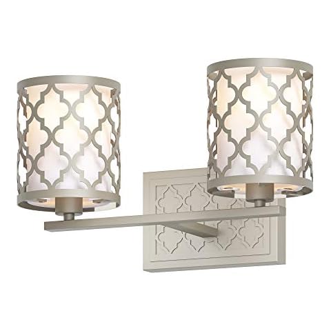 GETINLIGHT 14.5" Wide Satin Champagne 2-Light Wall Sconce, Cutout Pattern Metal Outer Shades and Off-White Linen Inner Shades, Bulb Not Included, IN-0442-2-PL Cover