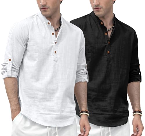 Image of Zombom Men's Combo Cotton Polyester Blend Solid Full Sleeve Straight Regular Fit Mandarin /Chinese Collor Kurta (Pack of 2)