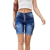 OULIWANGLUO Damen Hohe Taille Crimpen Denim Shorts Mid Rise Destroyed Denim Kurze Hose Sommer Casual Bequeme Kurze Jeans für Frauen (S,Blau)