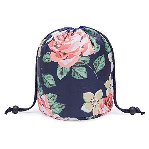 Barrel Makeup Bag Travel Drawstring Cosmetic Bag Toiletry Organizer Waterproof for Women and Girls (Small, Blue Peony)