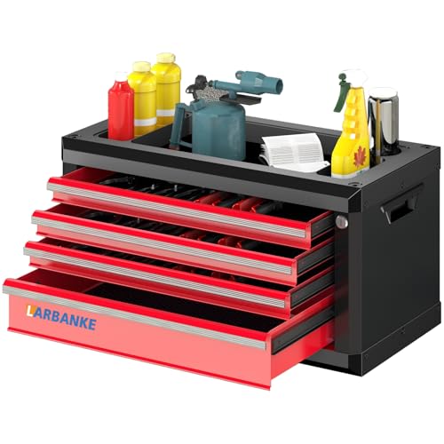 LARBANKE 4-Drawer Tool Box, Portable Tool Box with Lock&Keys,Toolbox with Waterproof and Rust-resistant Countertop,Anti-collision Corner,Special Connection Rods for Stacking with 5/7-Drawer Tool Chest