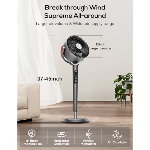 Image of hykolity Large Fan for Bedroom, 120 Oscillating Standing Fan, 85ft Air Circulator With Remote, DC Motor Quiet Floor Fans, 90 Manual Vertica, 12 Speeds, 5 Modes, 12H Timer