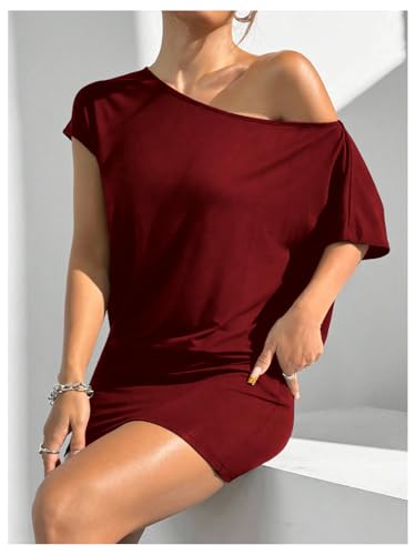 Image of SOLY HUX Women's Off The Shoulder Mini Dress Going Out Asymmetrical Neck Short Sleeve Casual Bodycon T Shirt Dresses