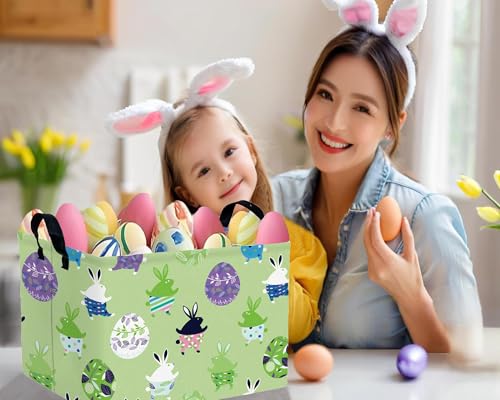 Image of Large Rectangular Easter Baskets Empty Waterproof Boy Toy Box Foldable Kid's Gifts Storage Bin Spring Room Decor(Green Dancing Rabbit Egg)