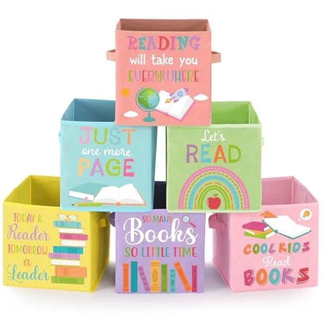6 Pcs 11 Inch Foldable Pastel Book Bins for Classroom Back to School Fabric Storage Cube Bins with Double Handles Reading Book Cube for Classroom Library Kindergarten Clothes Toy Organizer