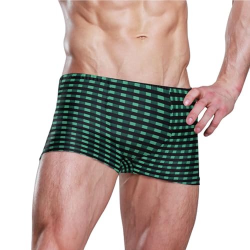 Green Buffalo Check Plaid Mens Swim Trunk Swimwear Bathing Suit Swim Brief Square Leg Board Short S B04035383