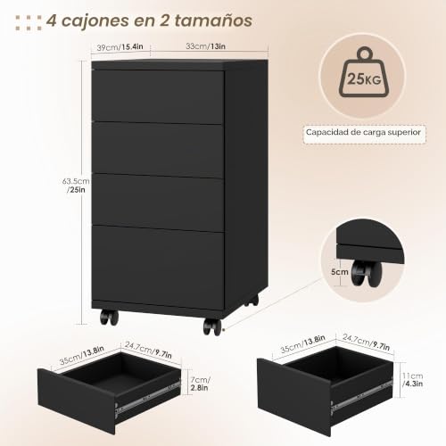 Miniatura 2 de Hocsok Cajonera De Oficina, Mueble Auxiliar Móvil Debjo De La Mesa, Soporte De Impresora Con 4 Cajones Y 4 Ruedas Universales, Madera, Negro