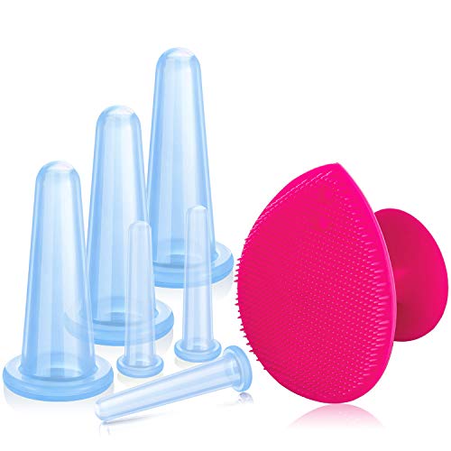 Cupping Facial Set for Face and Eye Cupping Massage, Facial Cupping Set Silicone Cups with Exfoliating Brush for Face Neck Skin (Small Medium, Blue)