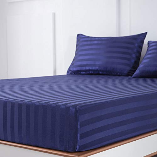Image of Satin-Silk Sheets King Size Bed Set, Navy Blue Soft Cooling Deep Pocket King Sheets, Hypoallergenic, Wrinkle and Fade Resistant Bedding Set, 3 Piece, Striped