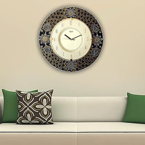 Image of Ajanta Floral Handmade Wooden Black & Gold Decorative Mandala Pattern Wall Clock for Home, Office & Living Area | Large Analog 41cm x 41cm