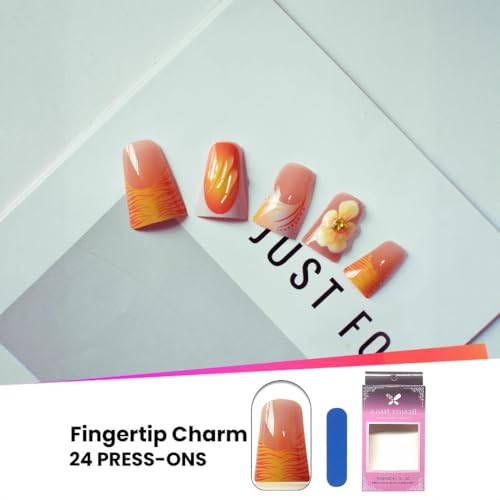 Image of Orange Press on Nails Flower Fake Nails Glossy False Nails with Design French Tip Glue on Nails Reusable Artificial Acrylic Full Cover Duck Stick on Nails for Women Girls Manicure 24Pcs