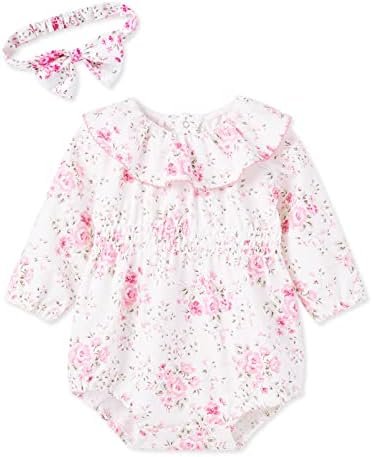 pureborn Baby Girl's Bodysuit with Headband - Long Sleeve Floral Ruffle Collar Spring Fall Bubble Romper One-Piece Outfit for Infant Girl 12-18 Months