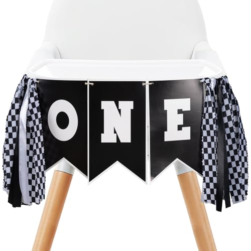Image of Race Car First Birthday Highchair Banner, Pre - strung Black & White Checkered inchONE inch Garland for Boys' Fast One Party, Cake Smash Photos & Racing Theme Decor